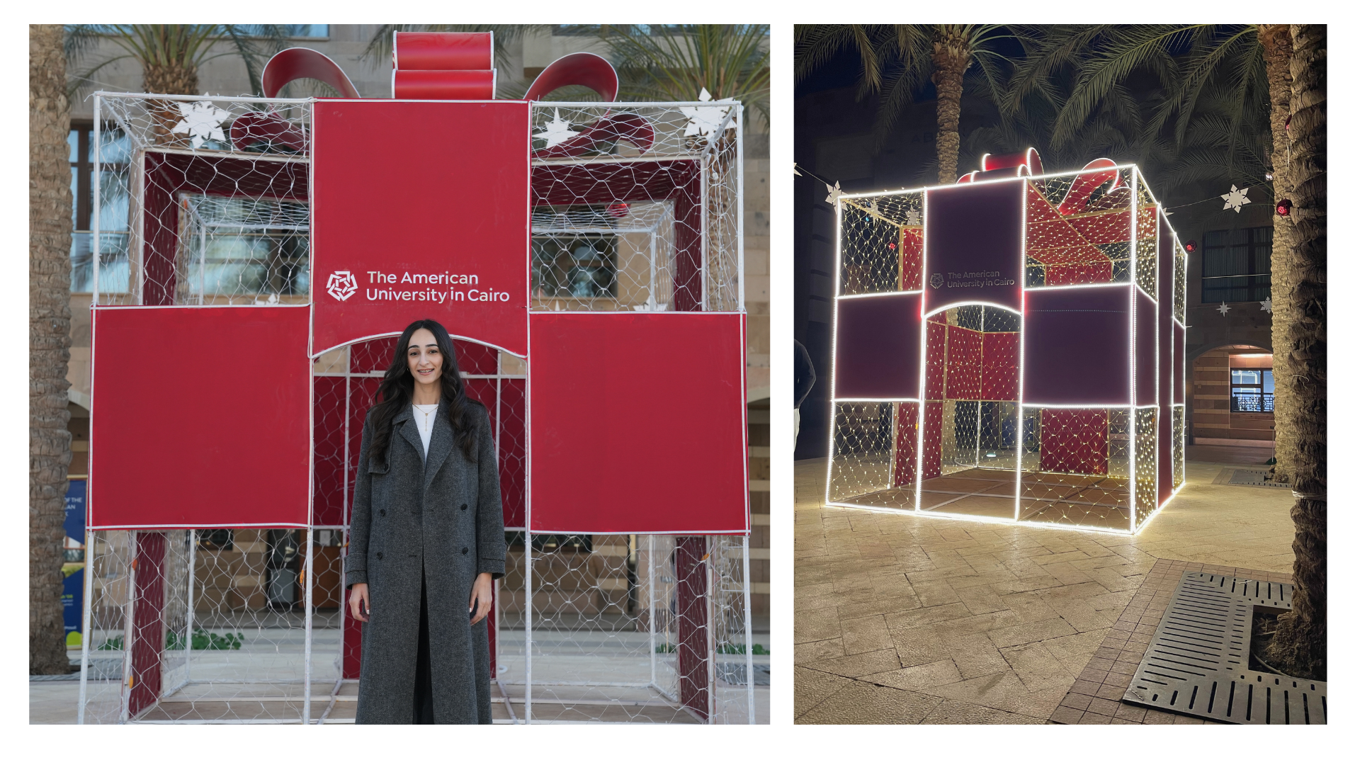 Monica Magdy stands in front of a large wire gift box; the gift box is illuminated with light