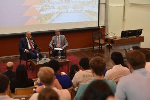 Egypt's Former Foreign Minister Sameh Shoukry addresses students of Harvard School of Business and Onsi Sawiris School of Business at a session in AUC New Cairo Campus
