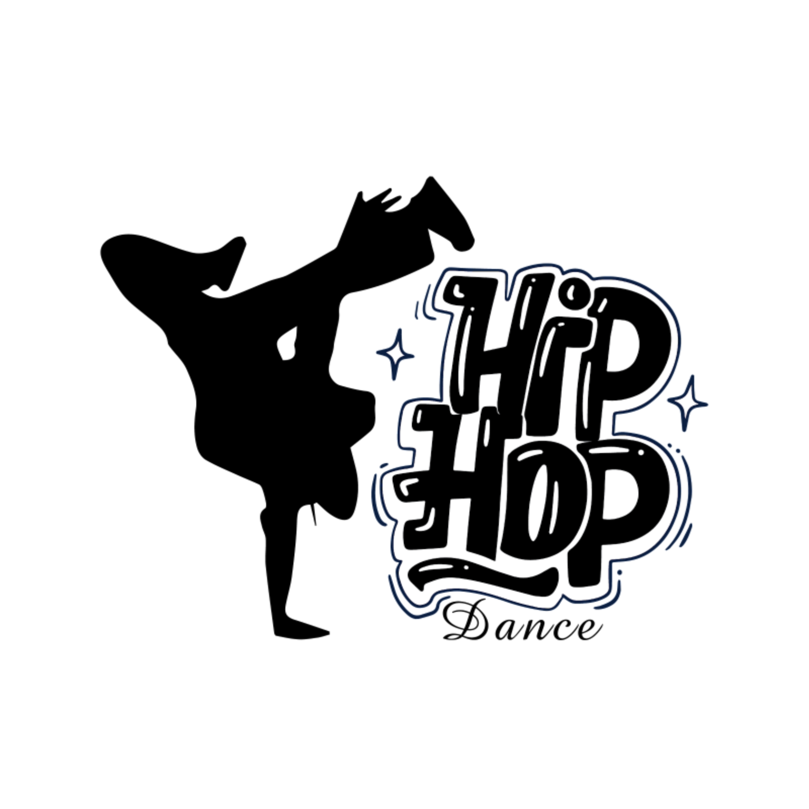 Text reads "Hip Hop Dance" and a black silhouette of someone standing on one arm