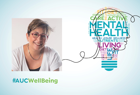 A picture of a woman next to the outline of a lightbulb formed of several words relating to mental health