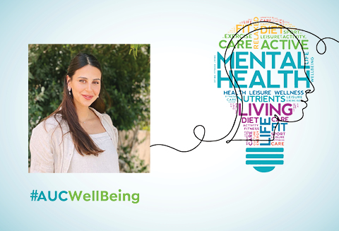 A picture of a woman next to the outline of a lightbulb formed of several words related to mental health