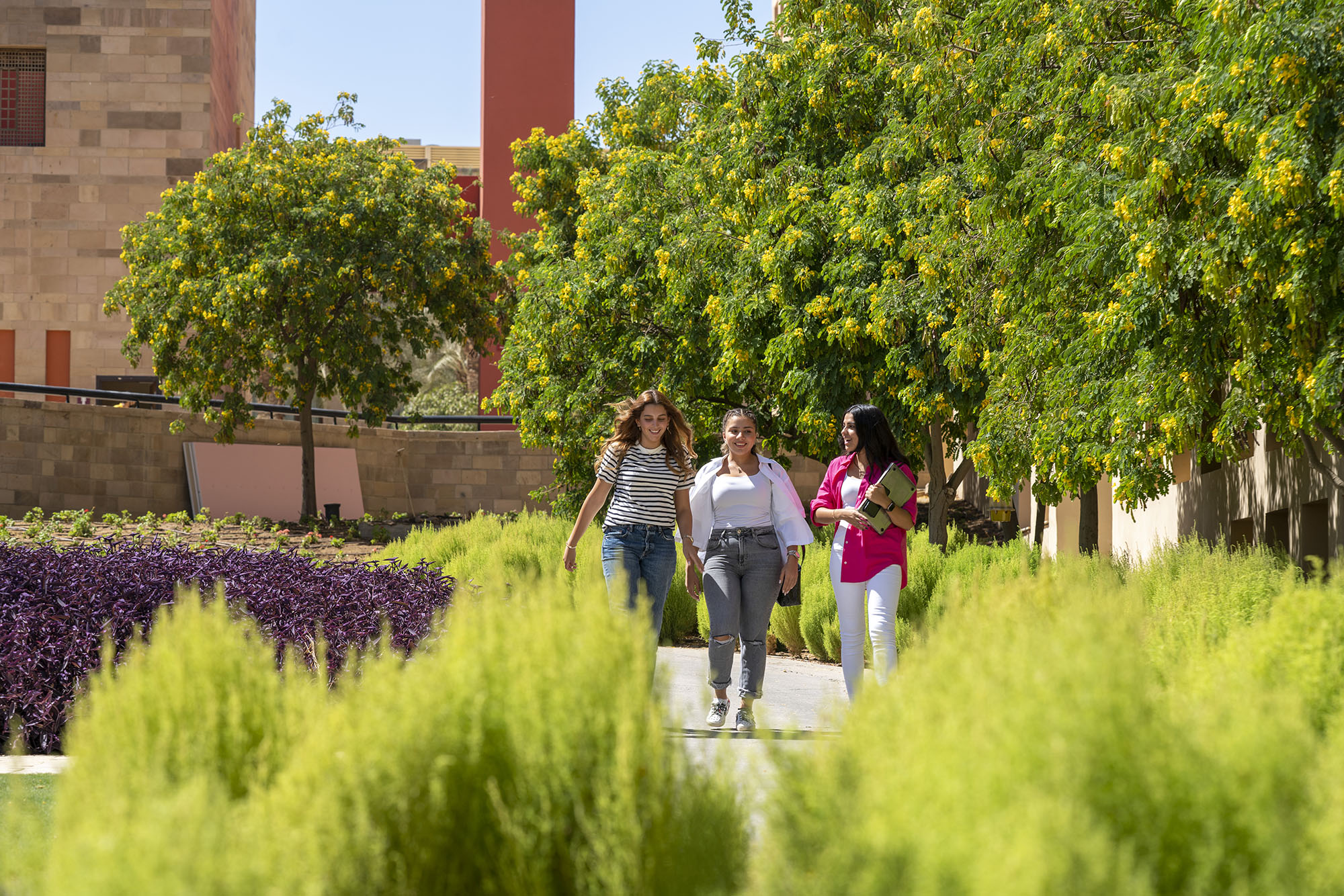 Three female students walking and talking in the garden.