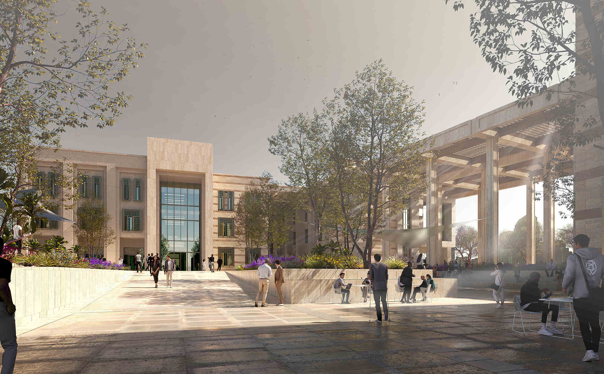 3D render of students walking at AUC new building front walkway