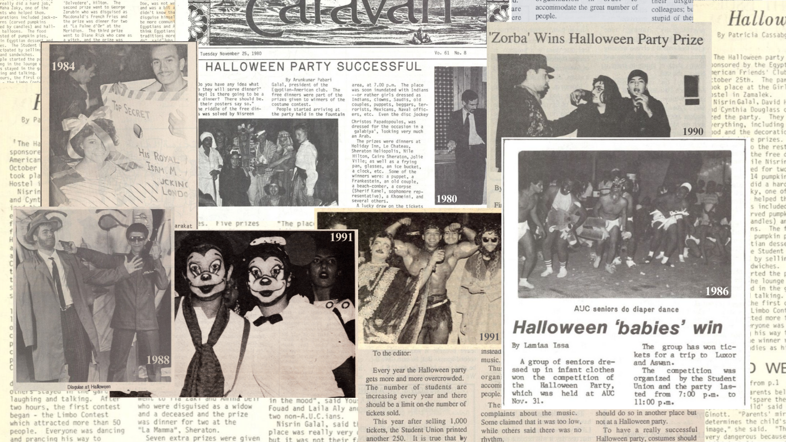 Collage of old Caravan newspaper clippings, including photos of students in costumes and snippets of text.