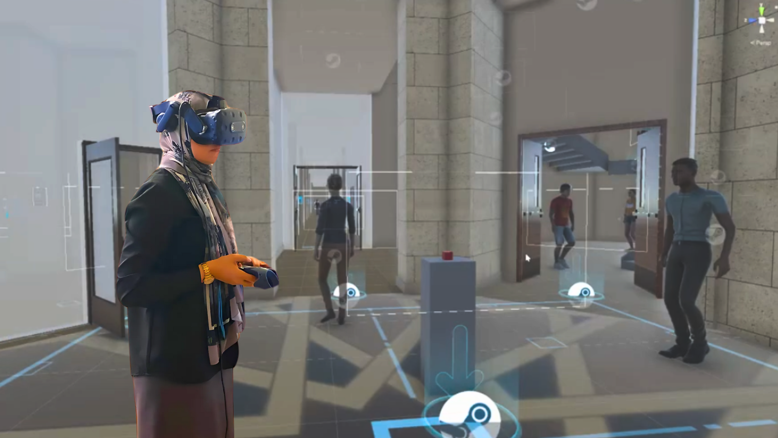 Researcher wearing VR headset, superimposed on a screenshot of the VR campus that the research team used to run the experiment