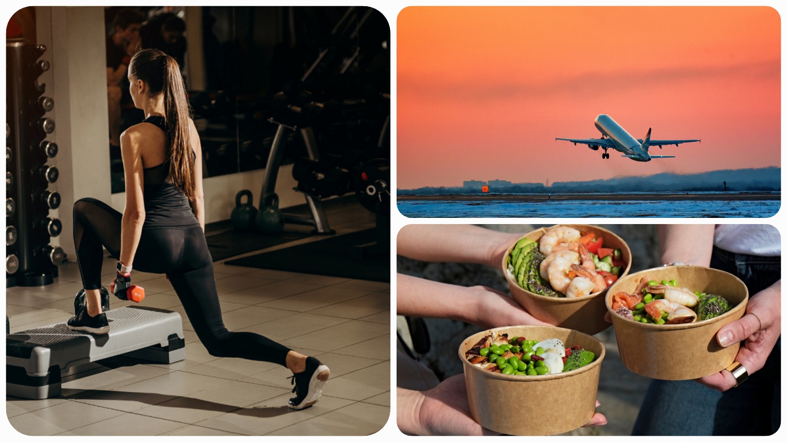 Yoga, aeroplane and food