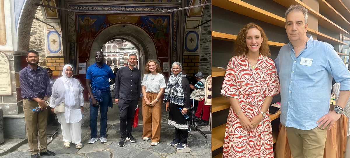 First image: A group of people standing and smiling in a historic location. Second image: Two instructors standing and smiling