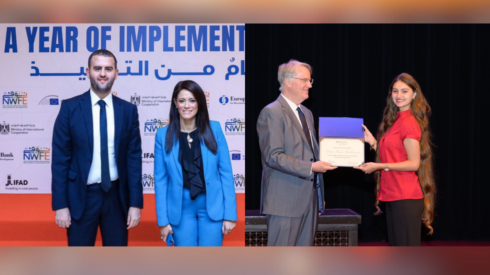 Assem AlGhayesh smiles at a political event for his internship (left); Maha Muhlhausler receives a certificate for her internships (right)