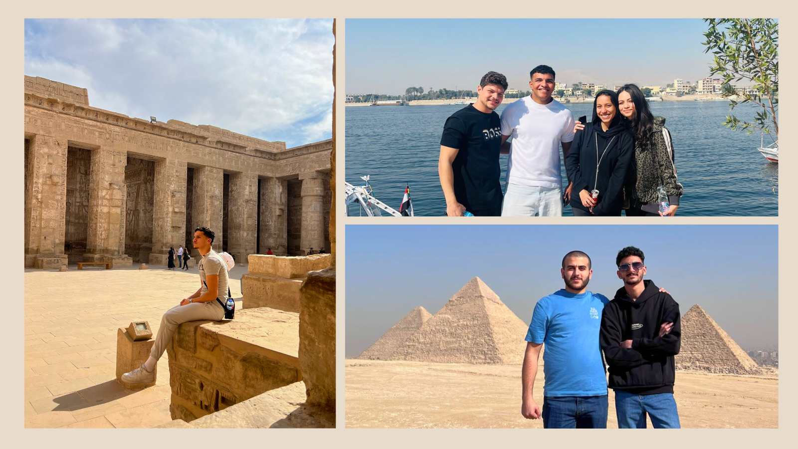 Collage of three pictures: student sits in front of temples in Luxor; four students smile in front of the Nile river; two students pose in front of the Giza pyramids