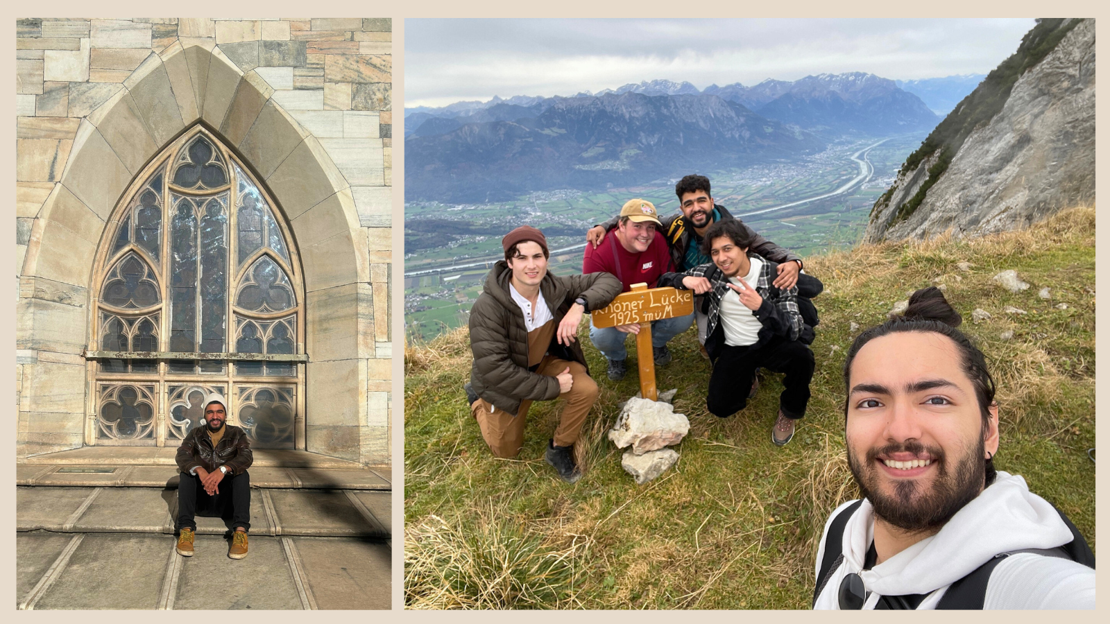 Ahmed Ayman sits in front of a scenic window at his study abroad institution; Ahmed Ayman goes on a hike in the Itlaian Alps with four new friends