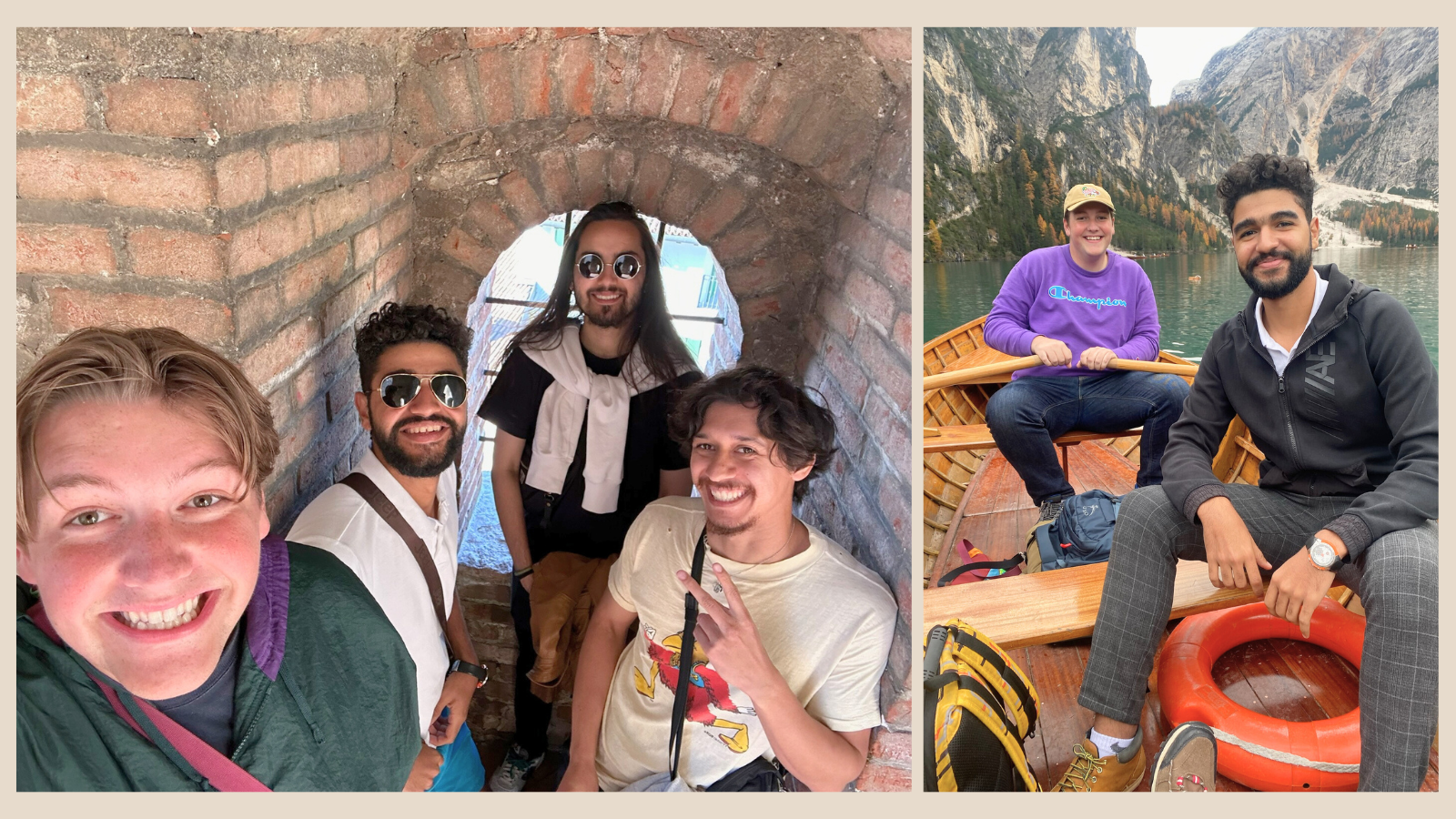 Ahmed Ayman sits in the window of an old scenic fortress in Italy with three new friends; Ahmed Ayman sits in a rowboat on a lake in Italy with one of his study abroad friends.