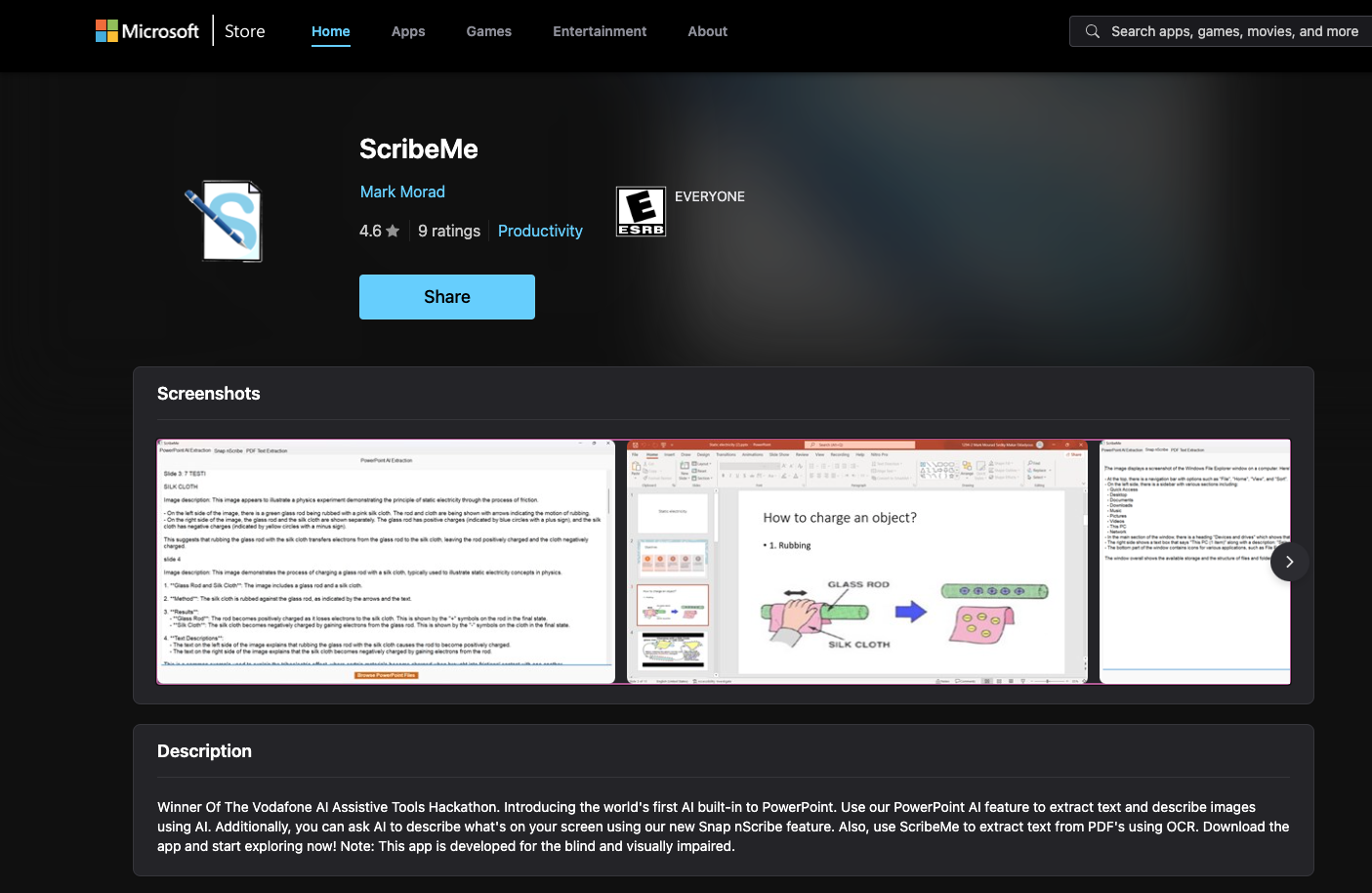 Screen capture of ScribeMe's Microsoft Store listing by Mark Morad, including screenshots and description.