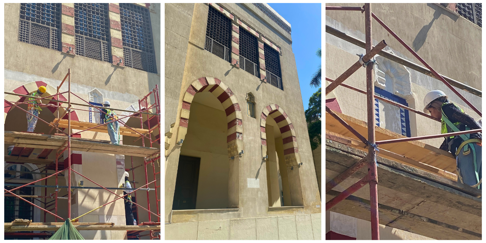 3-photo collage with two photos showing scaffolding around the facade with construction workers restoring paint and fixing cracks; the third photo is a picture of the damaged facade before renovation.