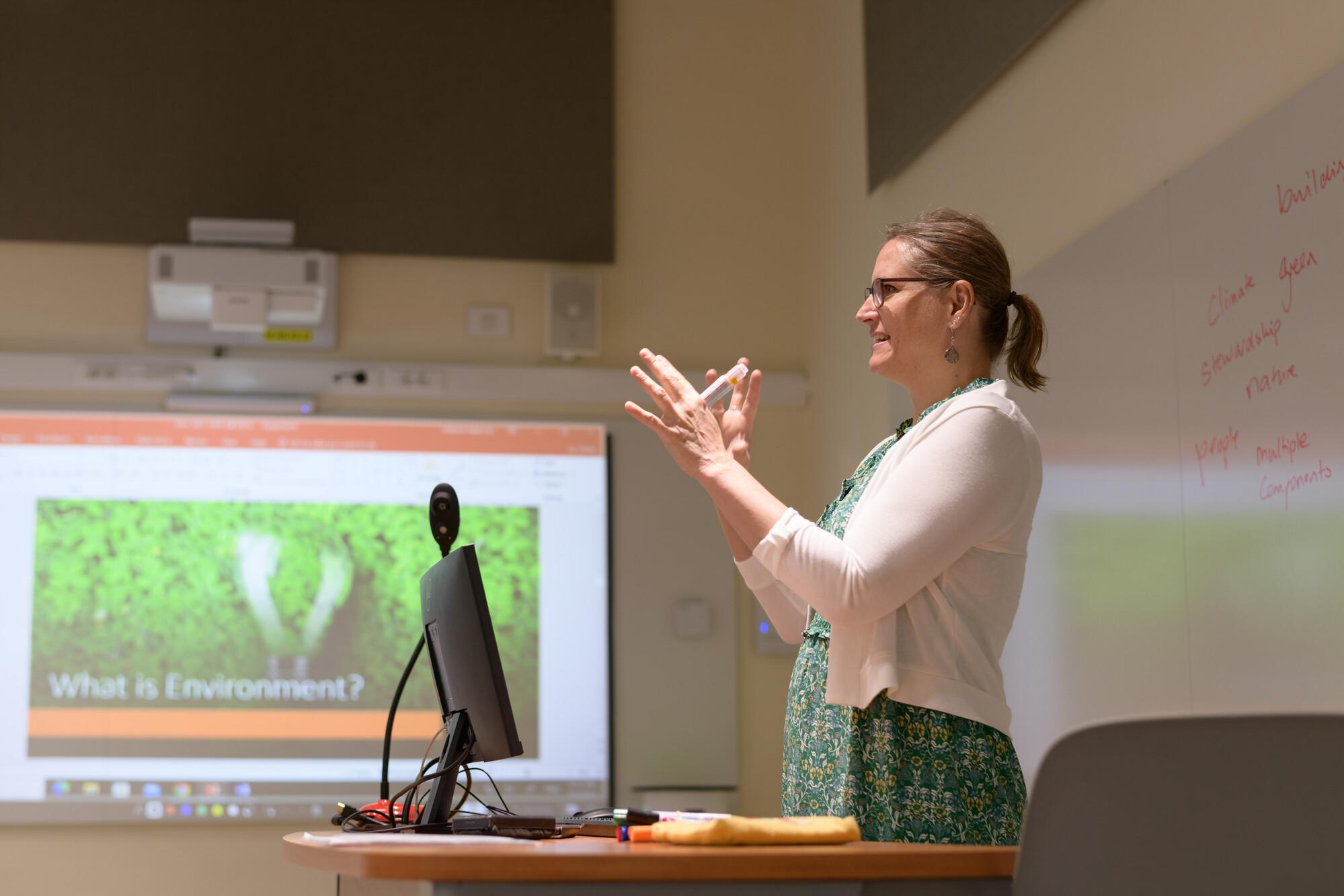 A lady wearing a green dress explaining in class