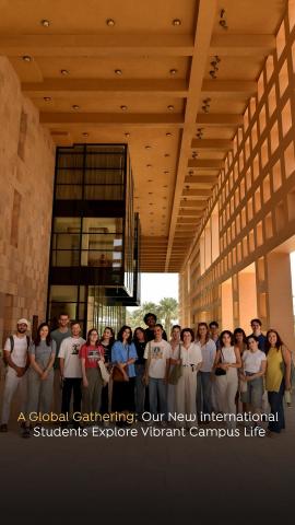 A group of male and female international students. Text: A Global Gathering: Our new international students explore vibrant campus life!