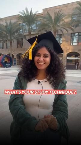 A female student is wearing a graduation cap. Text: What is your study technique?