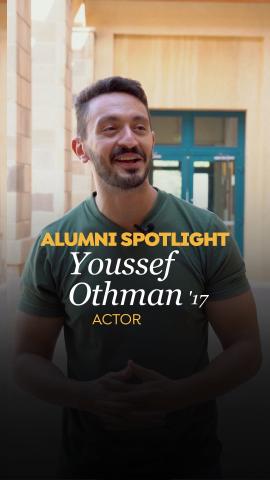 A bearded man is talking. Text: Alumni Spotlight Youssef Othman ’17 Actor