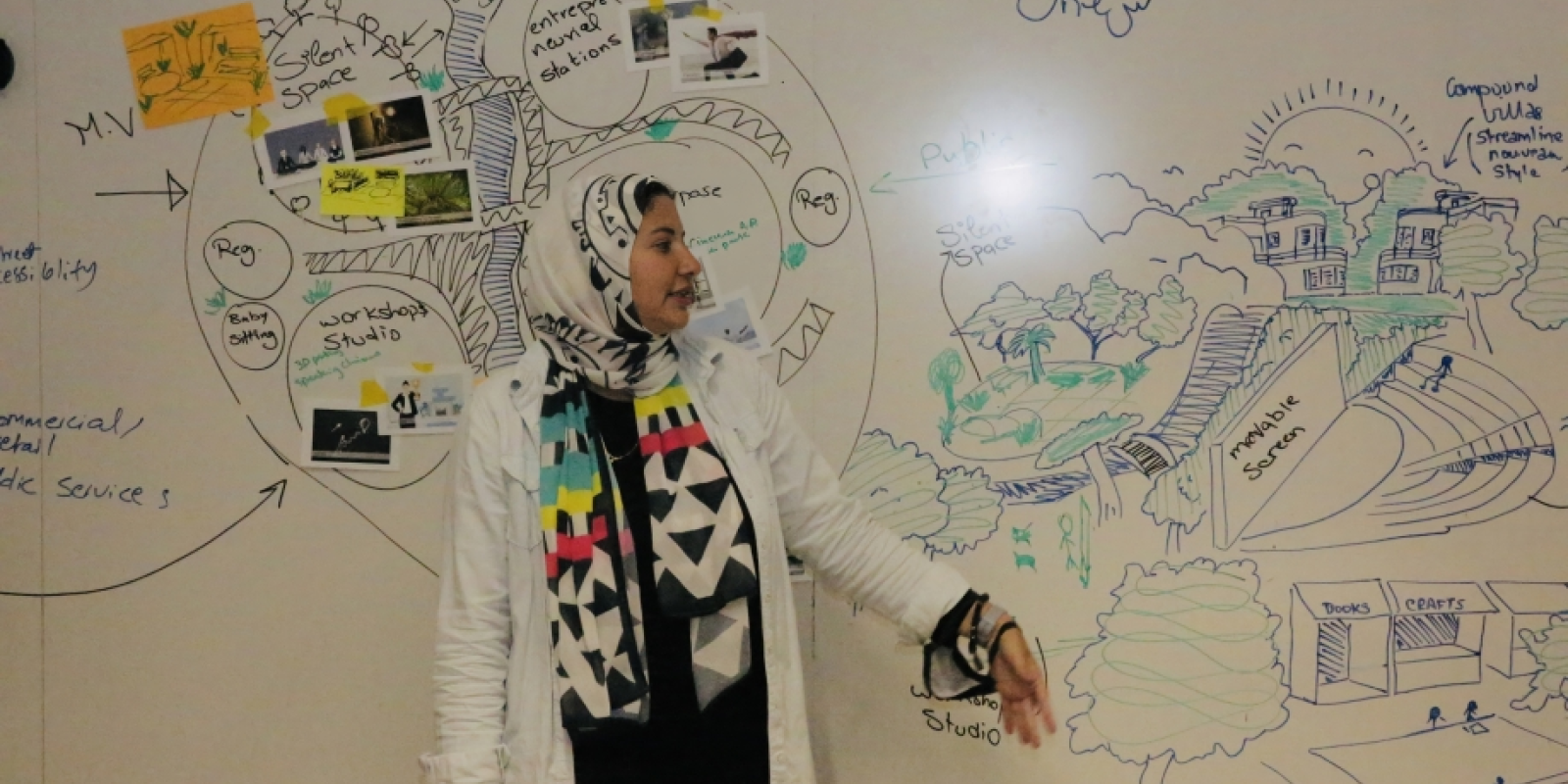 Veiled girl explaining something on whiteboard