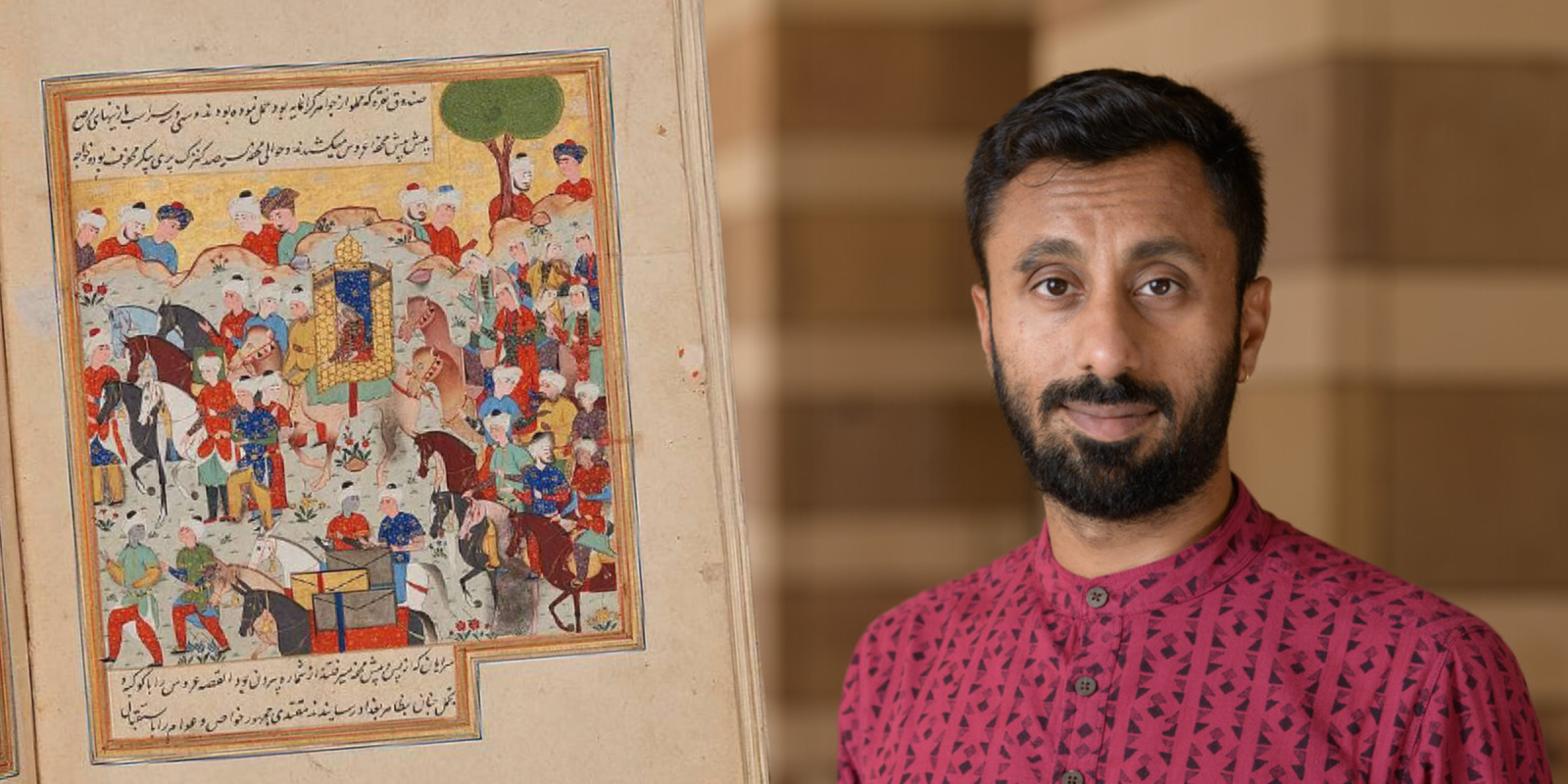 Man in red shirt stands next to a brightly colored illustration on a time-worn page