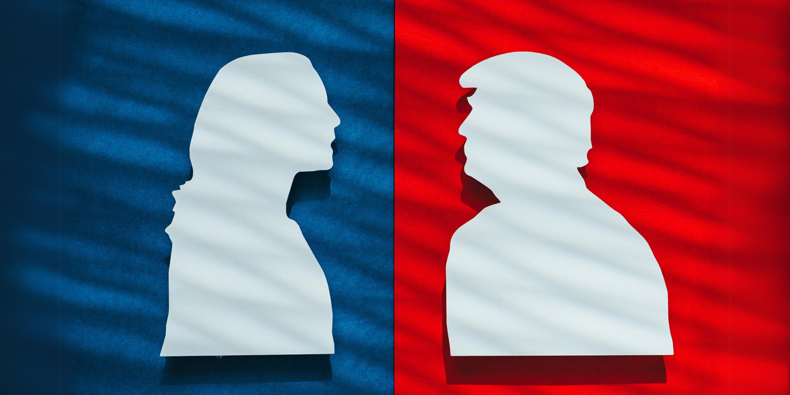 Silhouette of Kamala Harris in front of a blue background (left) facing a silhouette of Donald Trump in front of a red background (right)