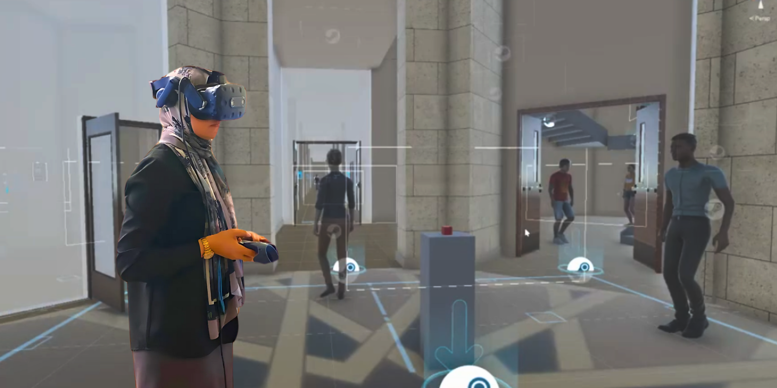 Researcher wearing VR headset, superimposed on a screenshot of the VR campus that the research team used to run the experiment