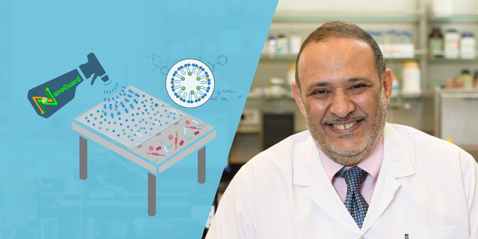 A collage showing an illustration of a disinfectant being spared on a table and killing the germs, and the second half of the collage shows an AUC chemistry professor in his lab coat smiling in the lab.