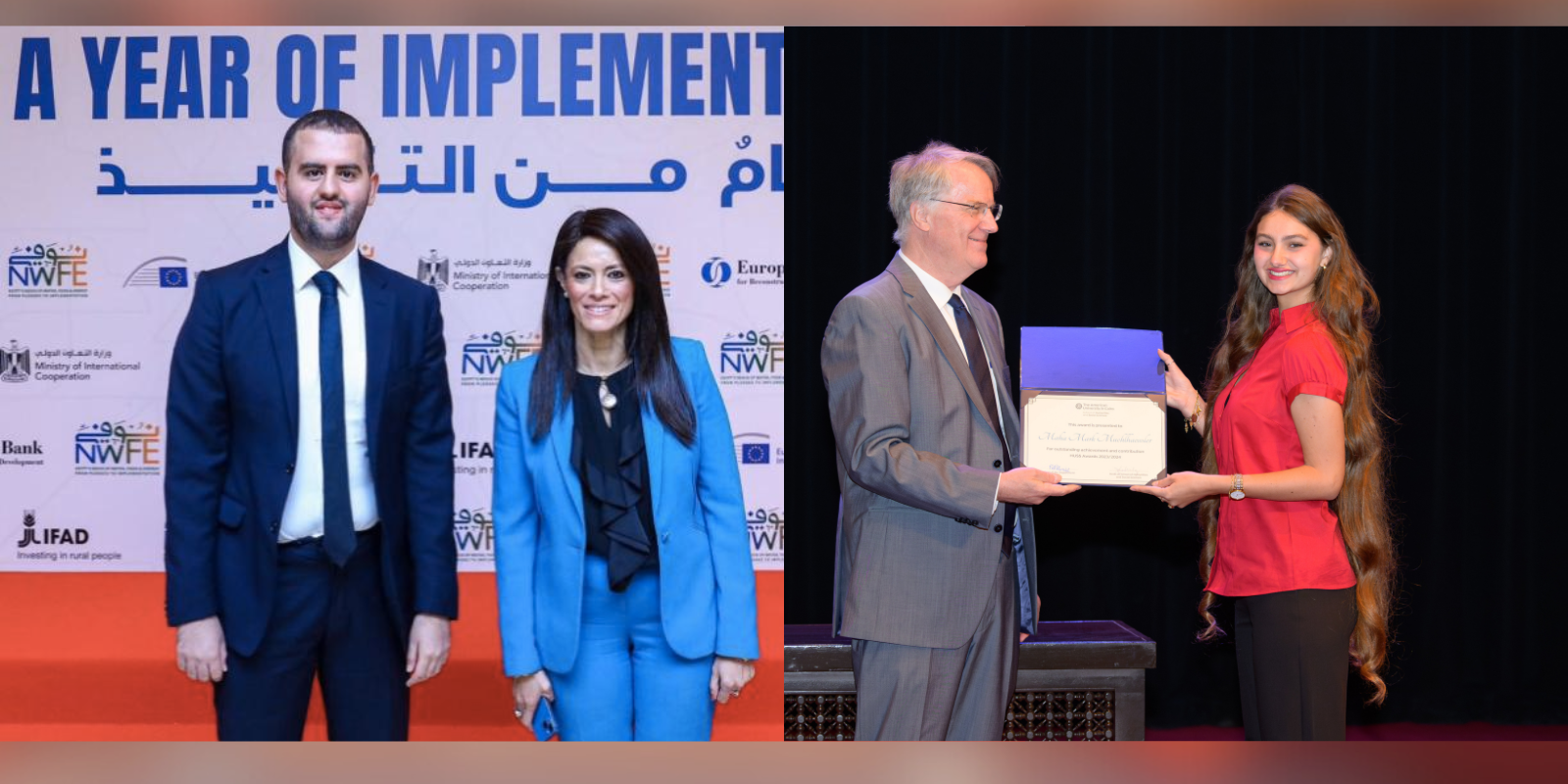 Assem AlGhayesh smiles at a political event for his internship (left); Maha Muhlhausler receives a certificate for her internships (right)