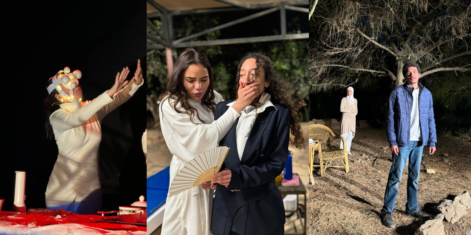 Actors perform in the AUC garden across three scenes