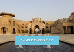 A fountain in front of a building. Text: World Water Day