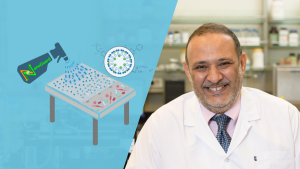 A collage showing an illustration of a disinfectant being spared on a table and killing the germs, and the second half of the collage shows an AUC chemistry professor in his lab coat smiling in the lab.