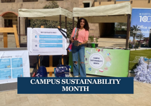 A female is standing between two booths. Text: Campus Sustainability Month