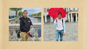 Two images of El Ansary in Dublin; in one, he is smiling on a bridge overlooking a river; in the other, he is holding a red umbrella in a charming cobblestone street