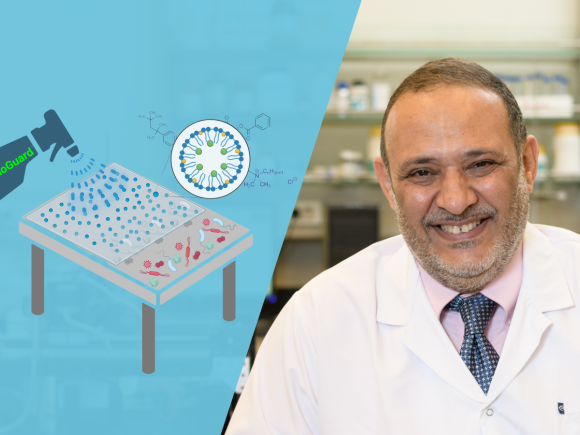 A collage showing an illustration of a disinfectant being spared on a table and killing the germs, and the second half of the collage shows an AUC chemistry professor in his lab coat smiling in the lab.