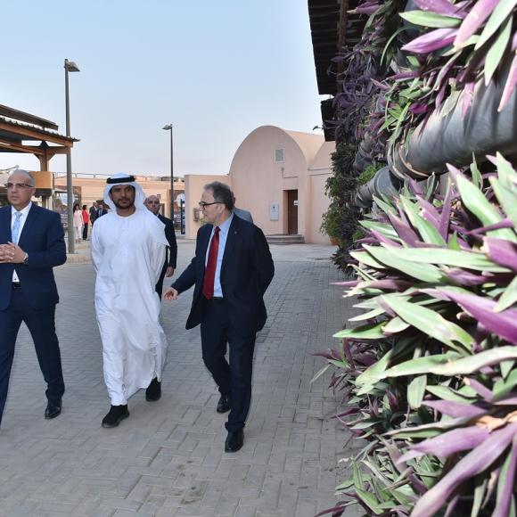 Four men are walking, three are wearing suits, two re wearing glasses and another is wearing an abaya and headscarf. They are walking next to plants on a wall. There are huts behind them